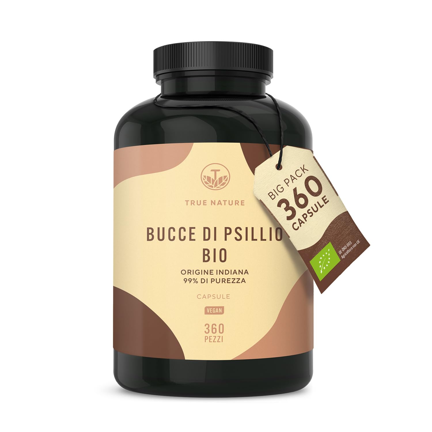Bucce di psillio BIO - 360 capsule - Alto dosaggio - 4500 mg dose giornaliera - Origine: India - 88% di fibre - Vegan, Testato in Laboratorio, Produzione Tedesca - TRUE NATURE