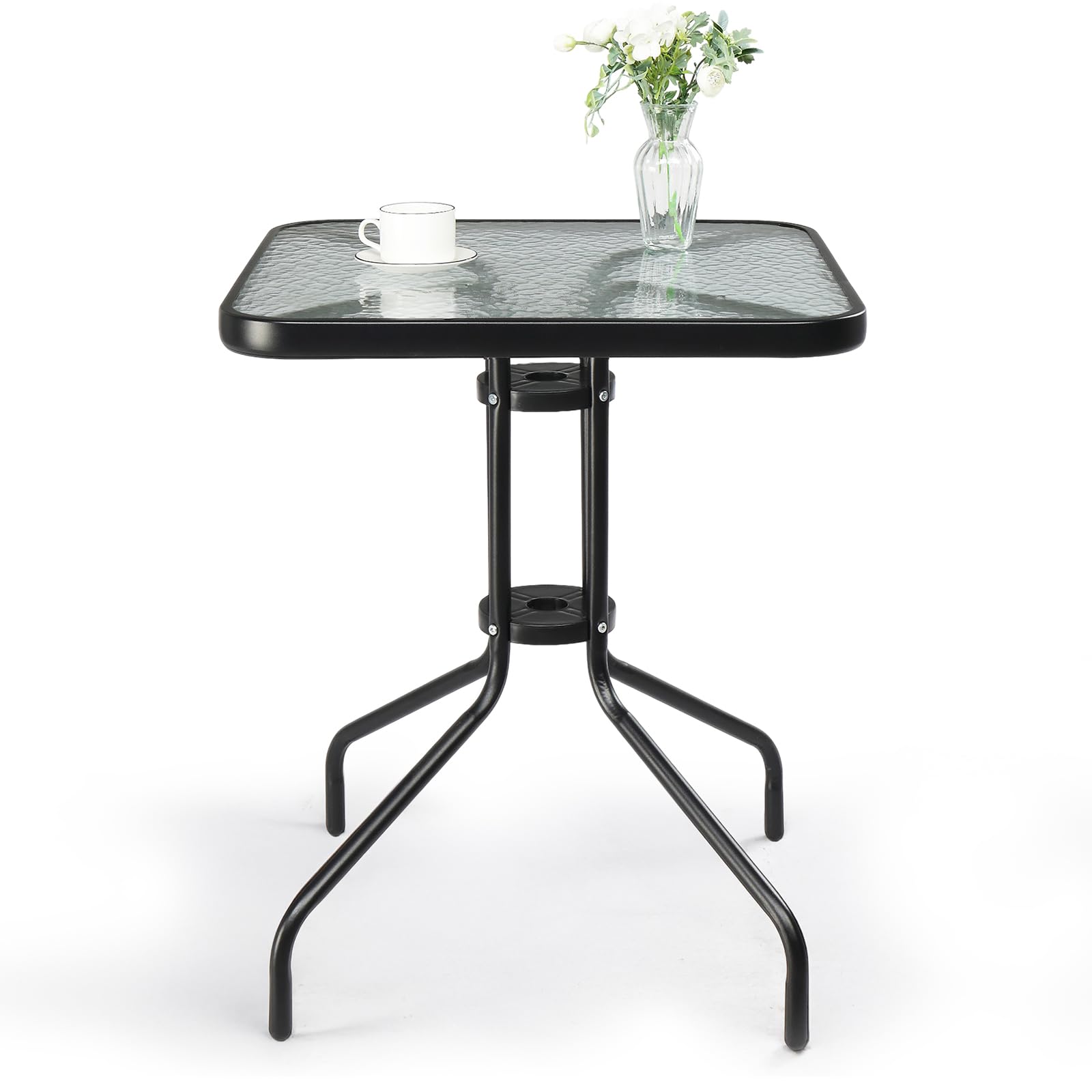 VINGLI Outdoor Bistro Table, 24" Patio Table Steel Frame Tempered Glass Top, Dining Tables for Balcony Garden Poolside (24'' Square)