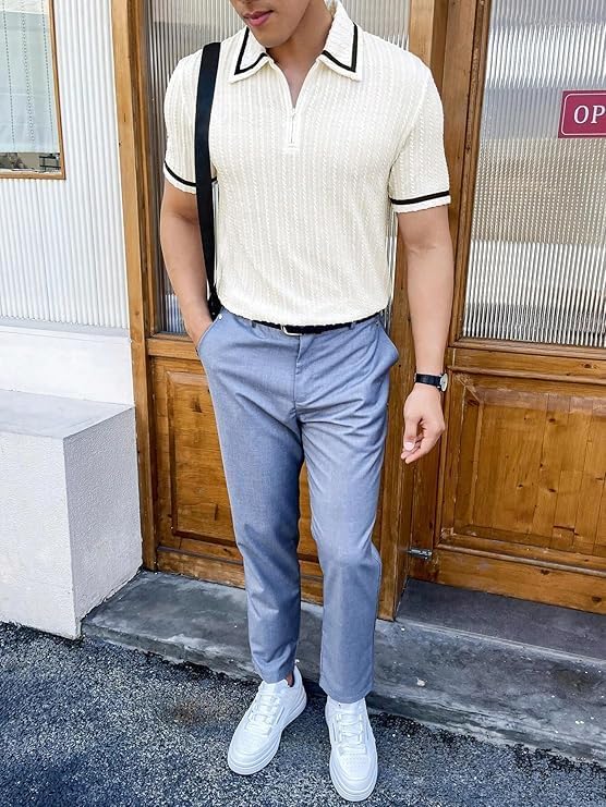 Image of GRECIILOOKS Polo T Shirt for Men | Textured Polo T Shirts for Men | Smart Casual Half Sleeve Mens T-Shirt, Breathable Cotton Knit Collar T Shirts
