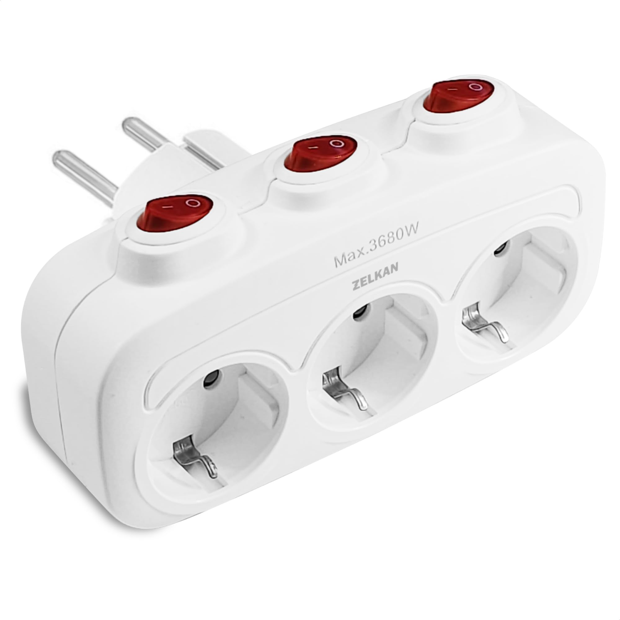 Zelkan Ladron Enchufe con 3 Tomas de Corriente en Horizontal - Regletas Enchufes con 3 Interruptores - Regleta con Enchufe Multiple para Pared sin Cable - Base enchufes Multiple - Blanco