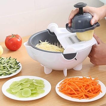 Plastic And Stainless Steel Multifunction 7 in 1 Vegetable Washer, Shredder Grater Slicer with 5 Dicing Blades Portable Kitchen Basket ( White, Medium Size).