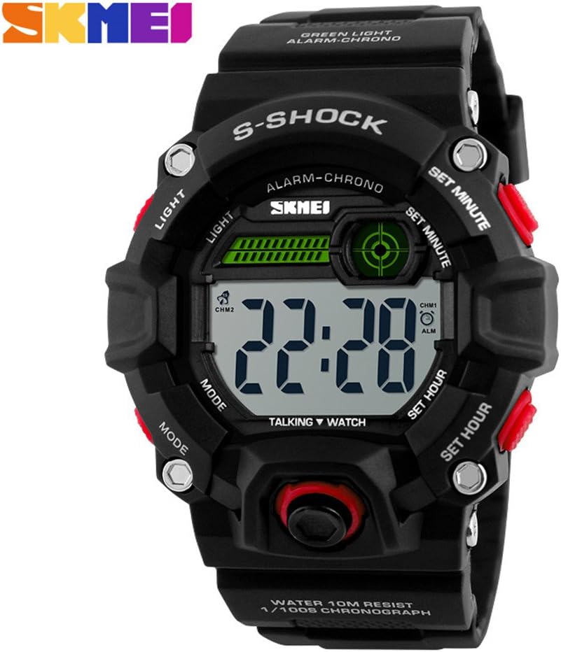 Men's Talking Alarm Clock Big Dial Digital Sports Wrist Watch Red