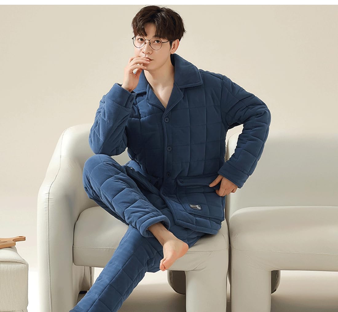 LVTFCO Pijama de la Solapa de los Hombres de otoño e Invierno Engrosada Bebe Terciopelo de Manga Larga Homewear Pantalones Calientes de Gran Bolsillo