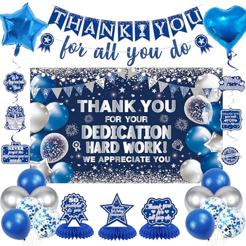 Vlipoeasn We Appreciate You Banner Decorations Blue Silver Thank You for All You Do Backdrop Banner Honeycomb Centerpieces Retirement Office Decor Staff Teachers Professors Doctor Nurses