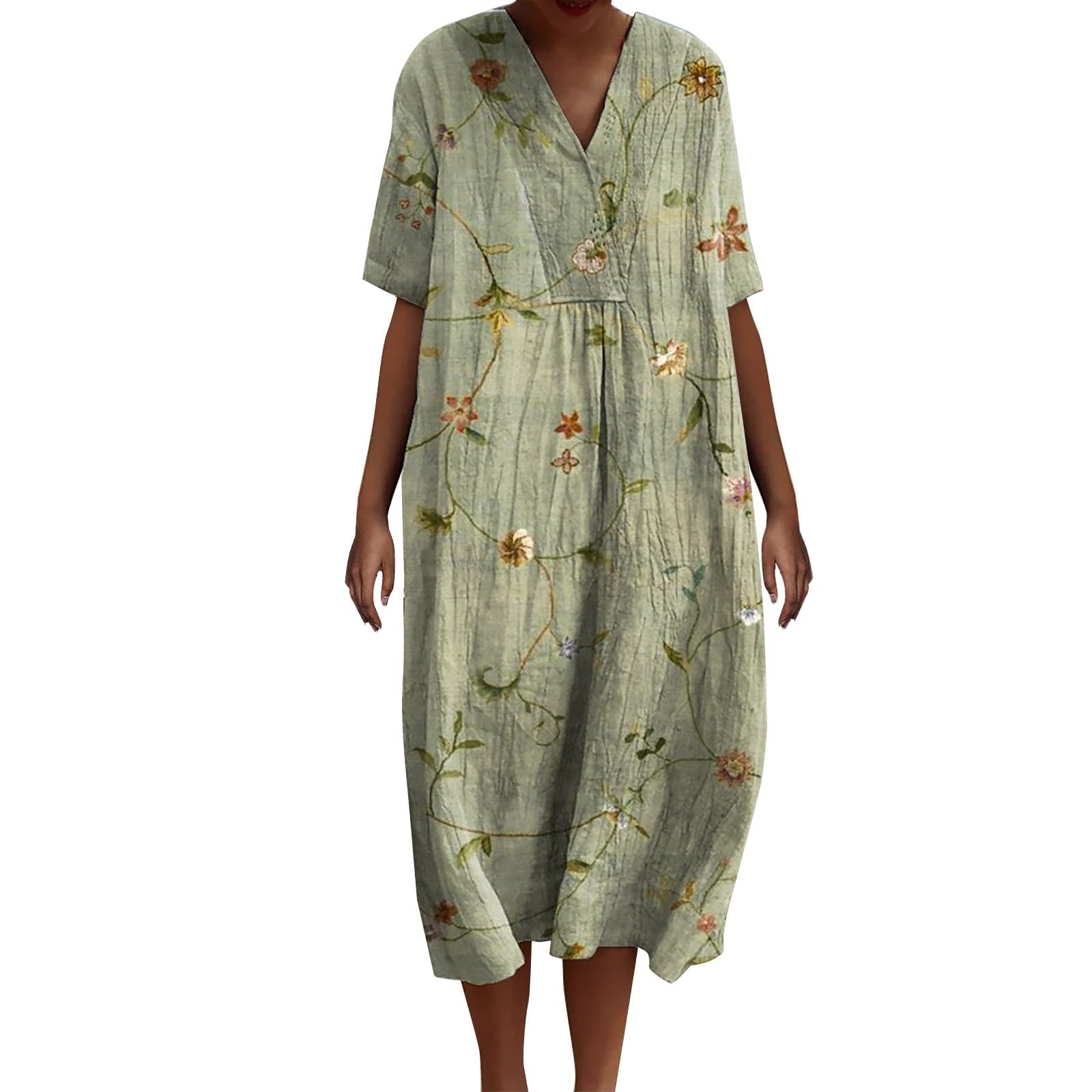Generic Vestido de verano largo para mujer, vestido largo de lino para mujer, vintage, estampado floral, vestido de playa, cuello en V, tallas grandes, vestido maxi de lino, vestido bohemio, vestido informal