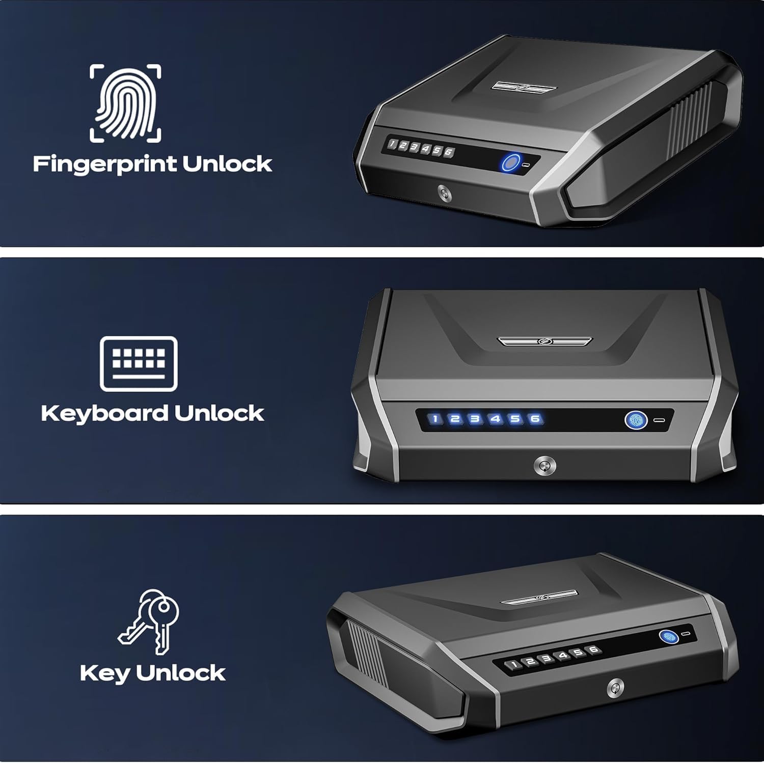 Caja fuerte para armas con pantalla LCD, acceso rápido, huella dactilar, teclado, llave