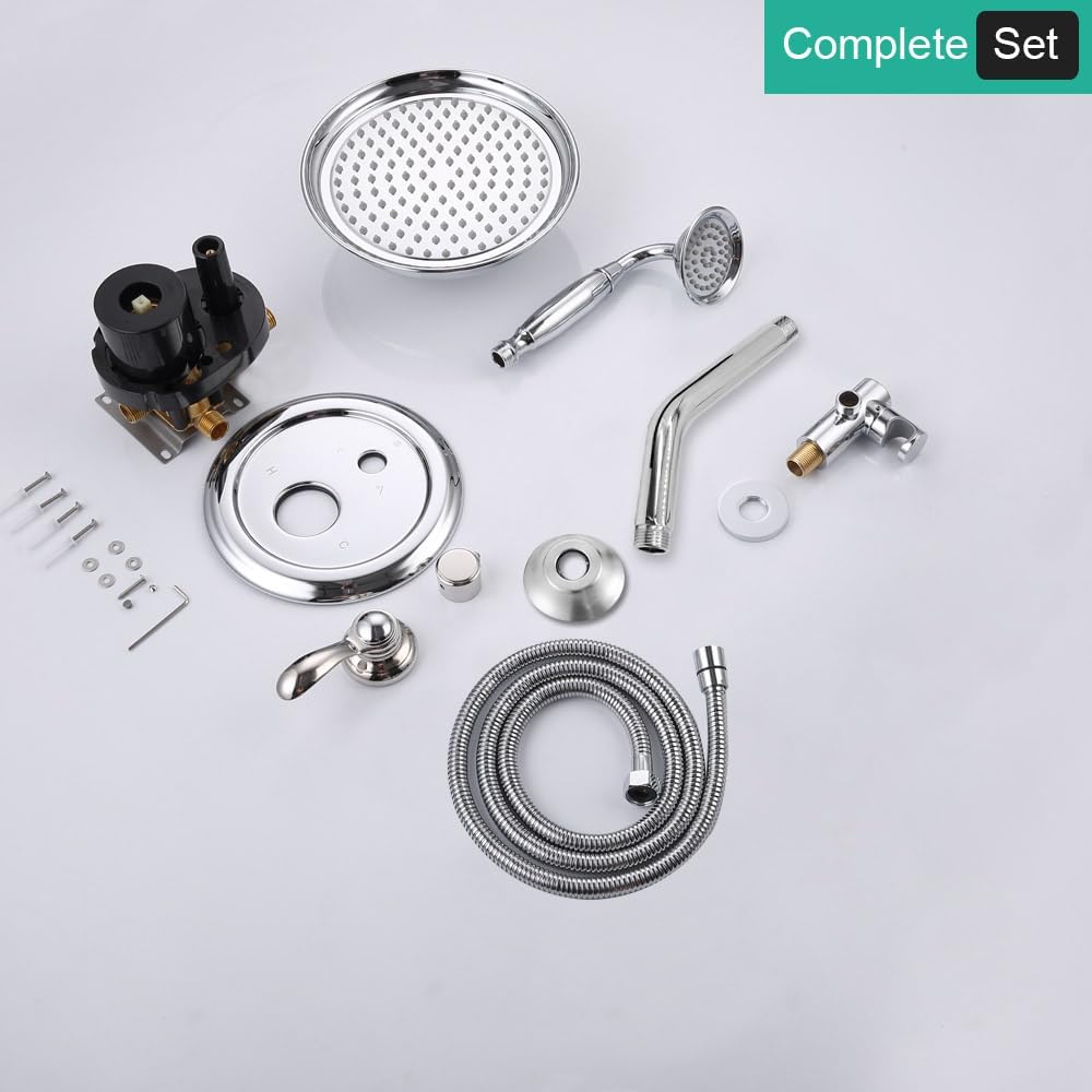 Chrome Vintage Shower-Faucet Sets, Antique Brass Shower System, Wall Mounted, 9" Rain Head and Handheld Spray, 2 Way Diverter Rough in Valve with Trim Kit