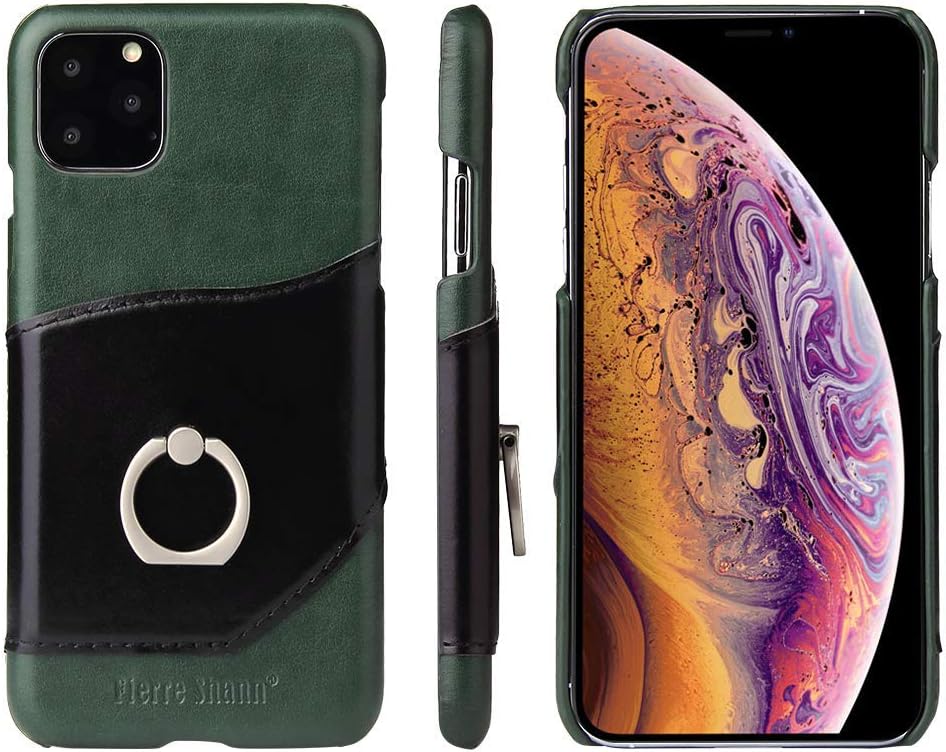 Fierre Shann Case for iPhone 11 Pro,Genuine Leather Ultra Slim Finger Ring Card Slot Cell Phone Case for Apple iPhone 11 for Men Women - Green