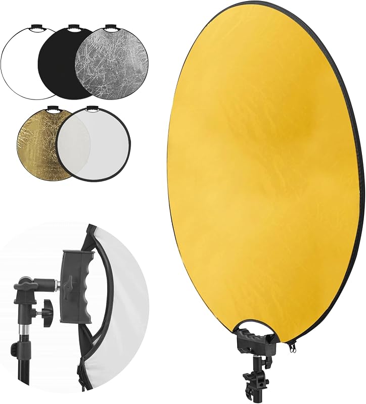 32'' Reflector Photography with tilt Adapter for Studio Outdoor | 80cm Light Reflector 5in1, Single 1/4" Grip, Collapsible with Bag High-End Coating Translucent, Silver, Gold, White and Black