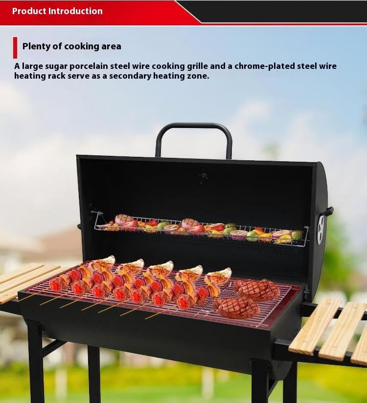 Miniatura 4 de Parrilla de carbón con dos mesas laterales, parrilla de barbacoa de acero resistente para pícnics al aire libre, patios traseros y fiestas