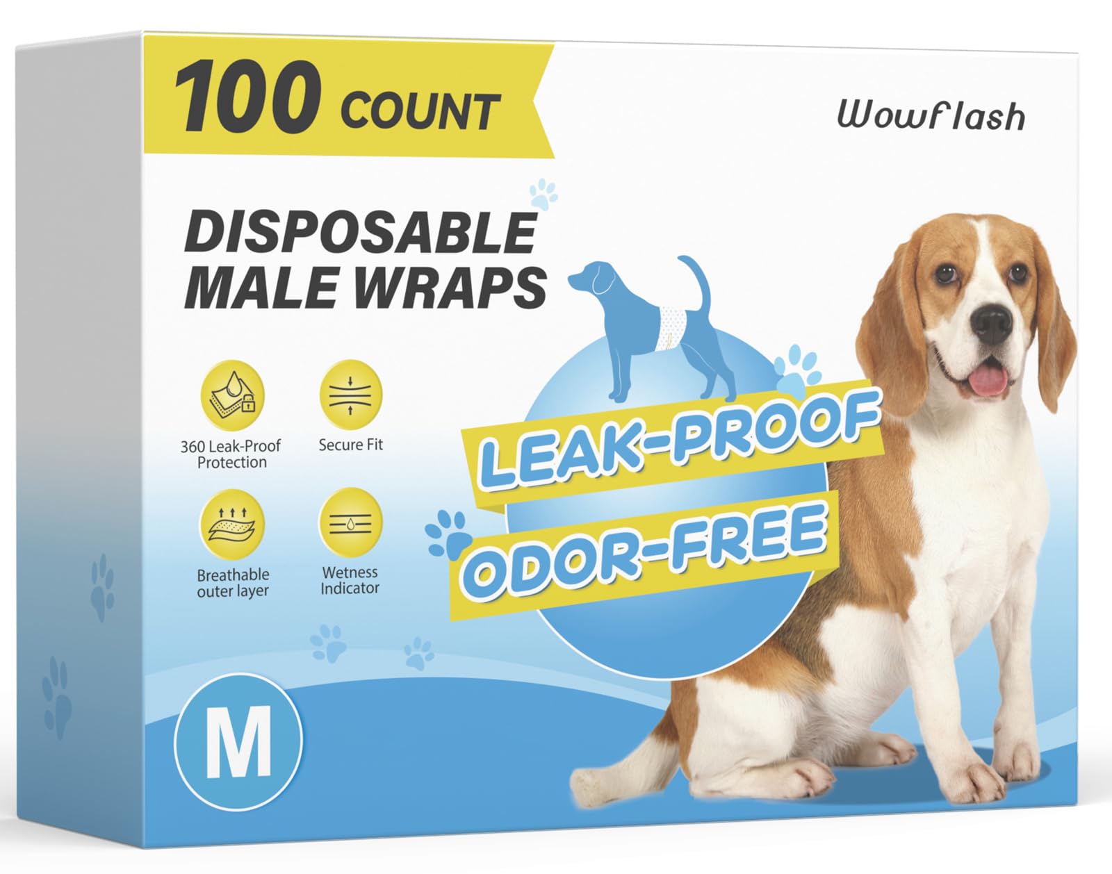 Wowflash 100 Count Dog Belly Bands for Male Dogs, Male Dog Diapers Disposable, Leakproof Dog Wraps with Wetness Indicator, Breathable Quick-Dry, Secure Fit for Doggy Puppy Training, Medium