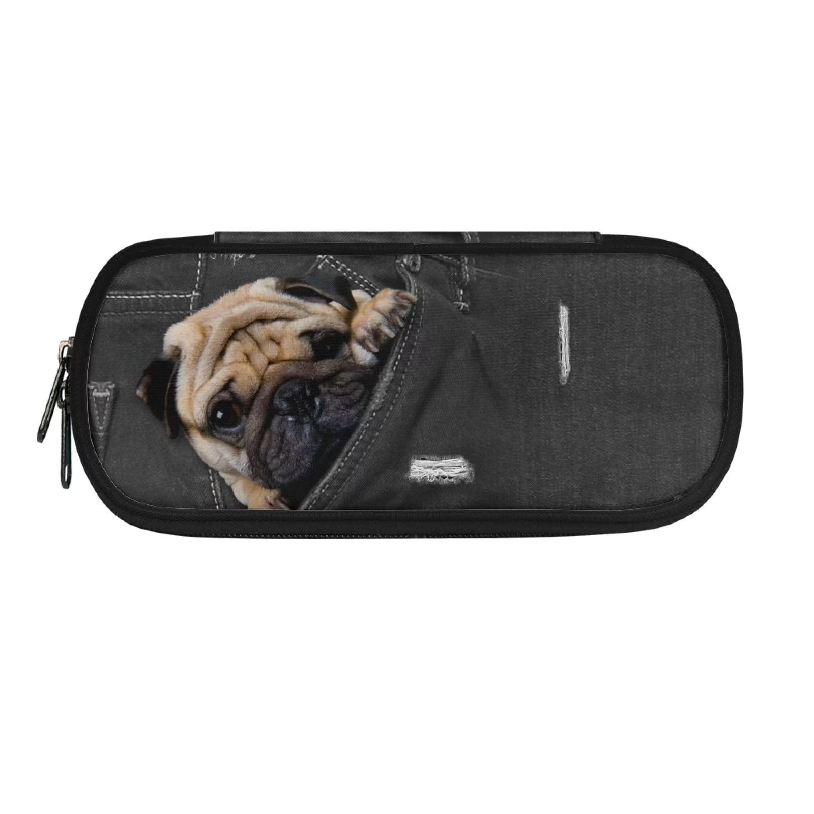 HUGS IDEA Big Capacity Pencil Case Black Denim Pocket Pug Dog Pencil Bag for Office School Supplies Stationery Organizer Pencil Pouch Holder for Teen Boys Girls — image 1