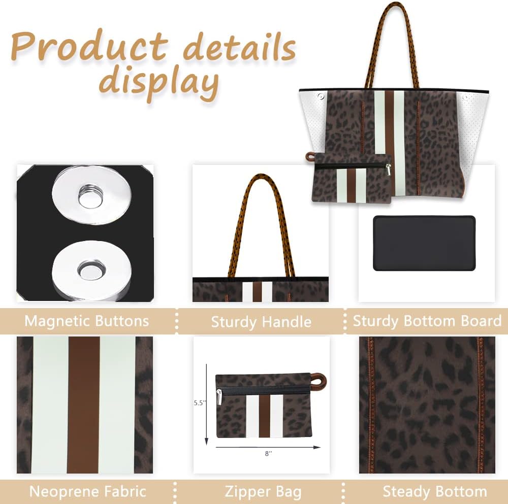 Beach Bag, Neoprene Tote Bag, Beach Bags Waterproof Sandproof, Multipurpose Large Tote Bag for Beach, Swimming, Gym Bag, Travel Bag （Brown）