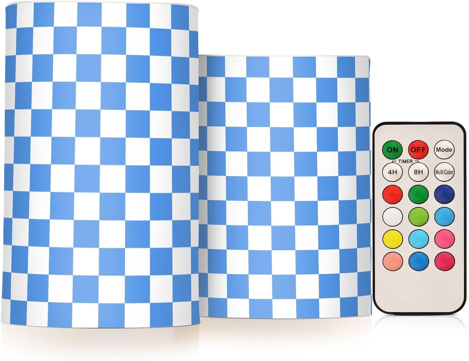 Light Blue White Checkered Flickering Flameless Candles LED Battery Operated with Remote Timer Pillar Candles for Home Birthday Wedding Christmas Decor, Set of 2