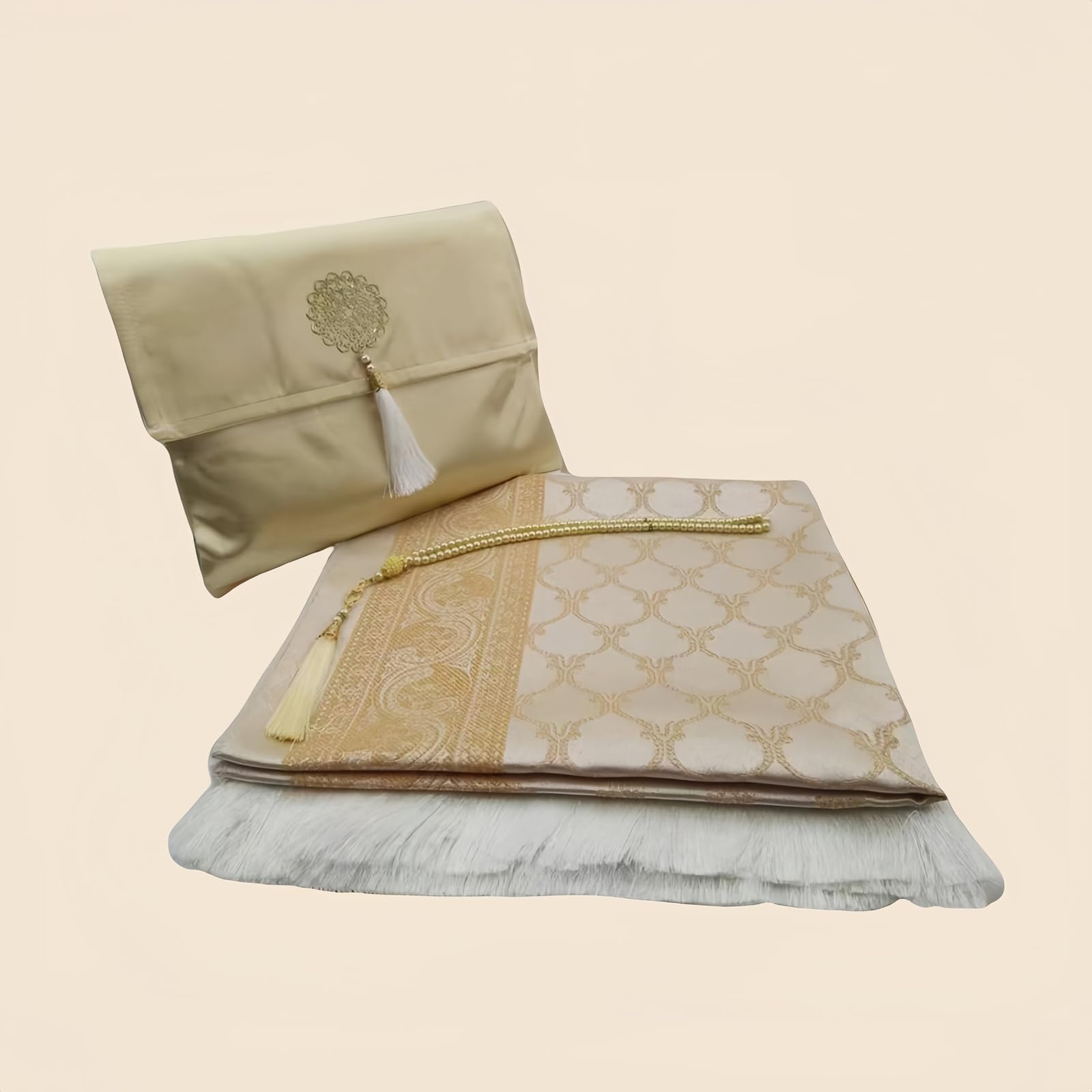 Ramadan & Eid Gift Set - Islamic Prayer Rug with Tasbih Beads, Premium Prayer Mat in Gift Bag or Box, Ideal for Muslim Men & Women (Pale Gold - Bagged)