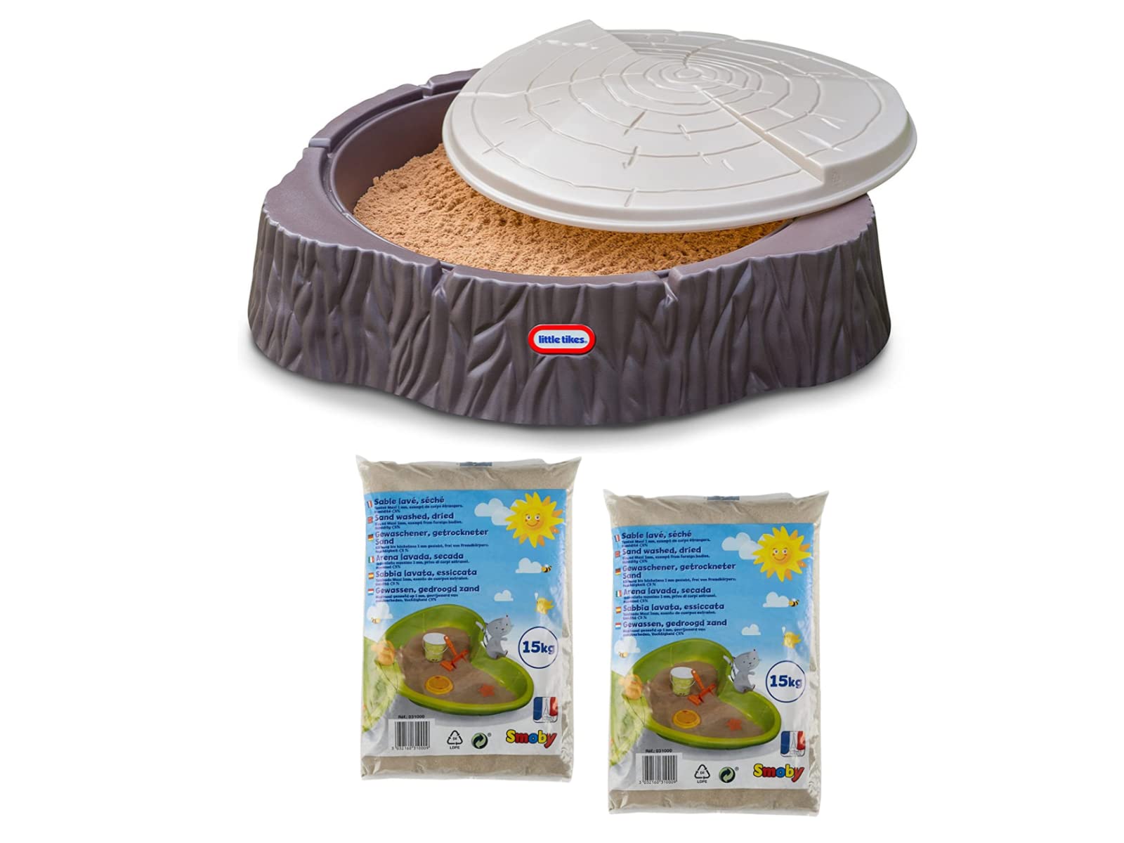 Pack Arenero Tronco de Árbol + 30 KG de Arena Fina. Arenero Infantil con Tapa Ideal para el Jardín/Exterior. para Niños a Partir de 12 Meses. Fomenta la Creatividad.