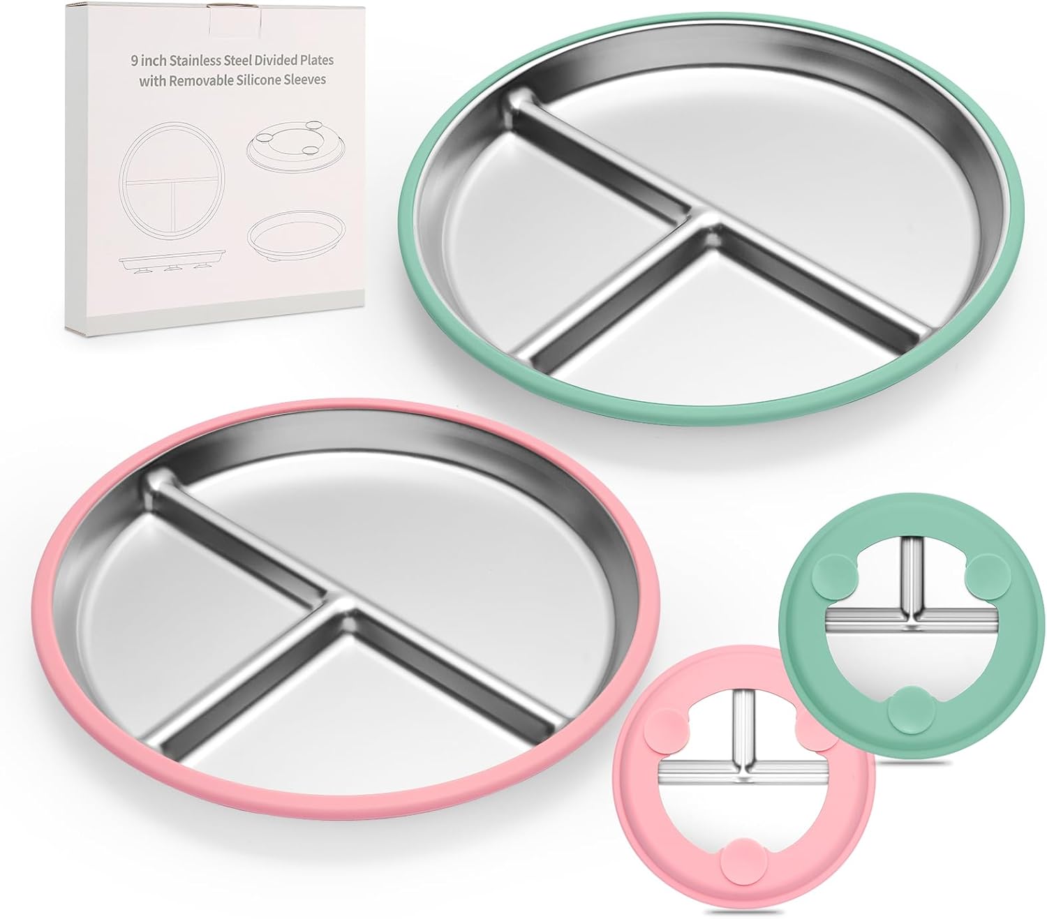 2 Pack Stainless Steel Baby Plates with Suction​ – 9” ​Toddler Plates with Non-Slip Silicone, ​BPA Free & Non-Toxic, Divided Stainless Steel Plates for 1-3 Years Kids, Microwave & Dishwasher Safe