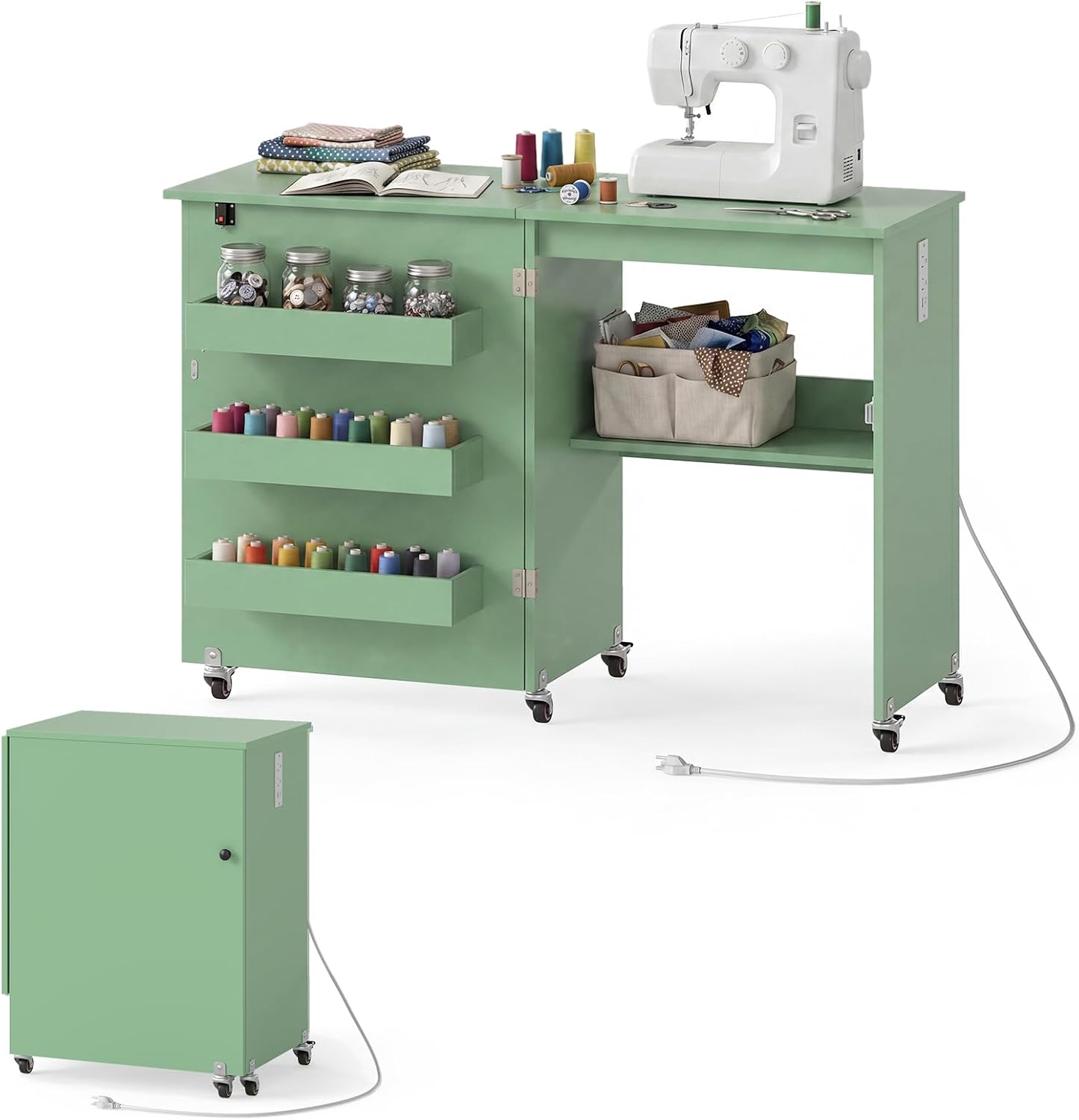 COSTWAY Folding Sewing Table with Charging Station, Sage Green | Lockable Casters, 3-Tier Shelf, Middle Rack, Magnetic Door, Small Sewing Desk for Home Apartment, Studio