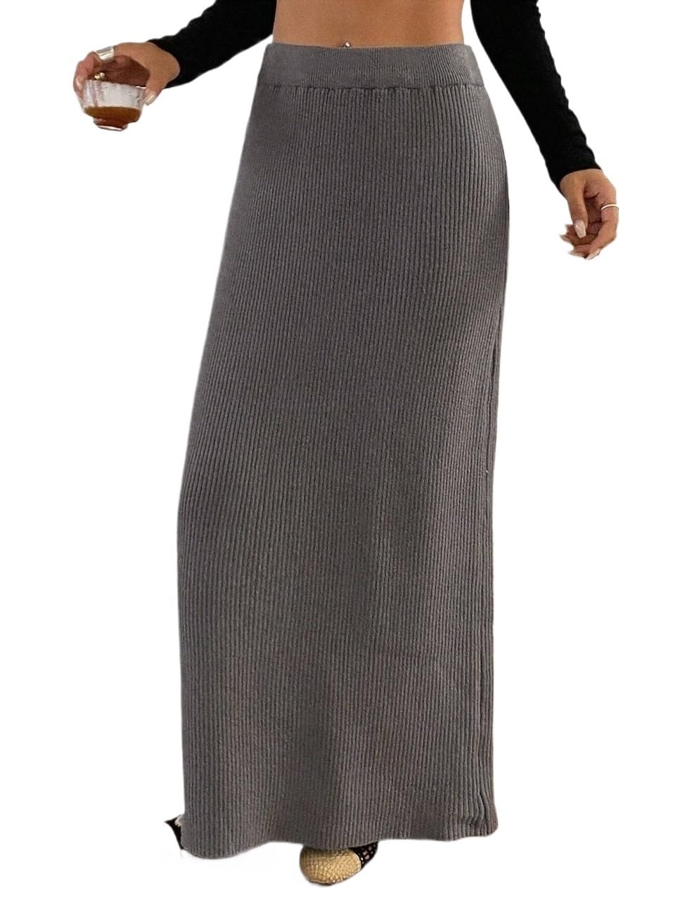 Casual Solid Color Long Knit Skirt Womens Basic Versatile Trendy Skirt