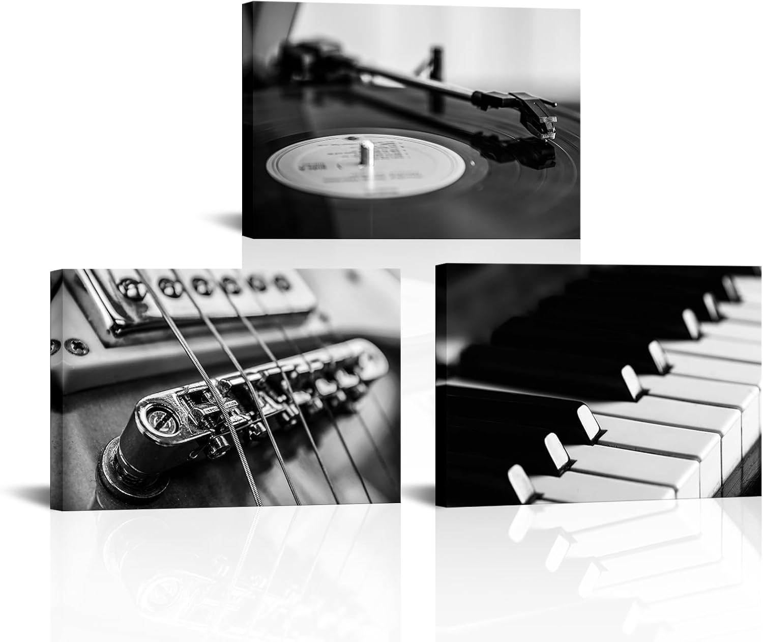AoArtWZ Music Canvas Wall Art Guitar Piano Vinyl Record Picture Prints Black and White Instrument Poster Artwork for Home Living Room Bedroom Modern Decor Framed (12" x 16" x 3Pcs)