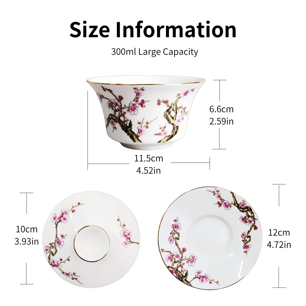 Gaiwan 300ml, Chinesische Teetasse mit Deckel, Traditionelle Porzellan Teebecher mit Reliefmuster für Pflaume, Weiß