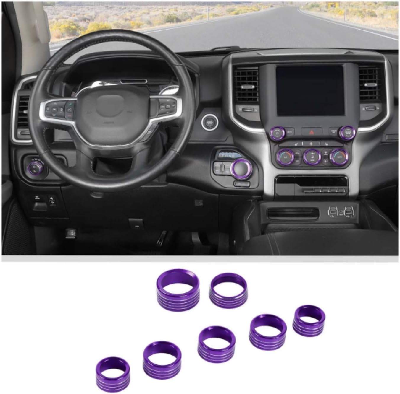 JWWY Radio AC Knobs Air Conditioner Switch Button Center Console Headlight Gear Shift Switch Knob Cover Trim Fit for 2018-2025 Dodge RAM Interior Accessories 7PCS Purple