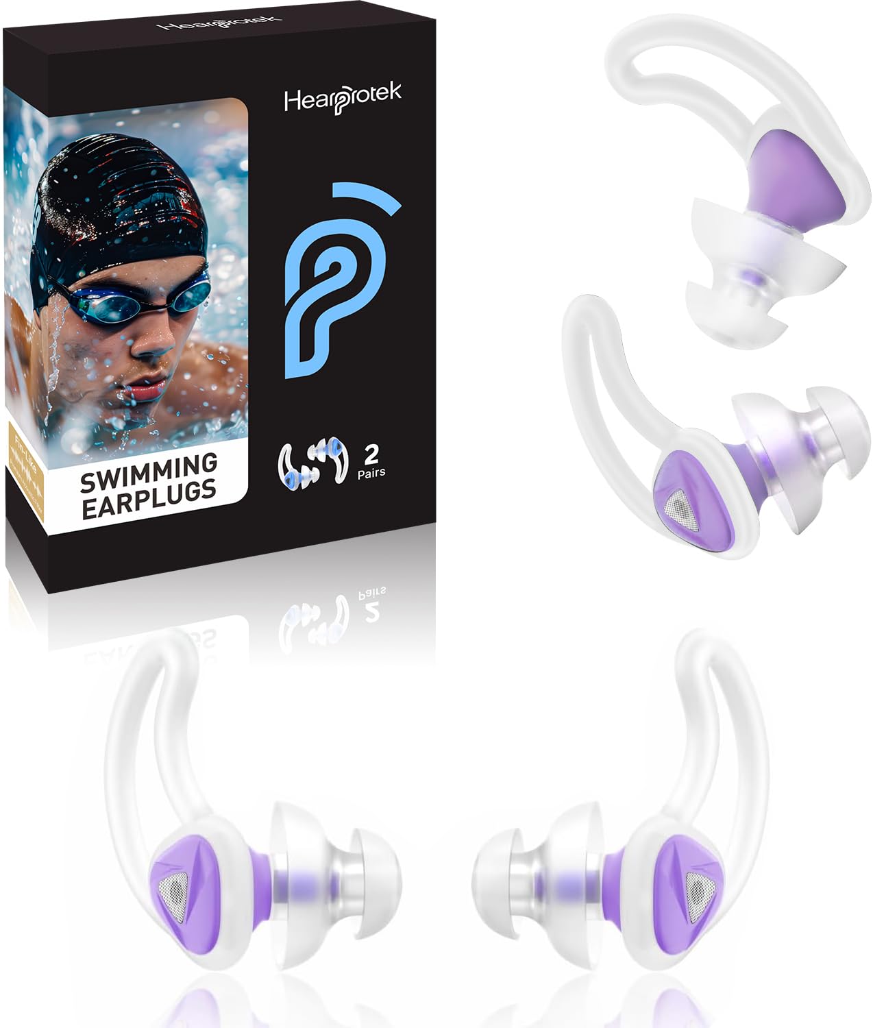 Ear Plugs for Swimming–2 Pairs Soft Silicone Reusable Waterproof Earplugs for Adults &amp; Men Women, Custom Fit for Swimmers Ear, Pool, Beach, Snorkeling, Surfing, Kickboard Training(Purple)