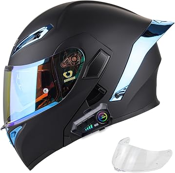 Bluetooth Sports Full Face Motorcycle Helmet Men Women Modular Front Flip up Fashion Helmet with Tail for Scooter Moped Cruiser, Double Visor, Comfortable Breathable, DOT Approved, S-XXL21.6-25.4IN