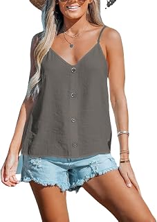 Camiseta de tirantes para mujer de verano de algodón con color sólido, cuello en V y botones, camiseta sin mangas con tejido texturizado y hombros descubiertos Beige Negro Azul Gris Blanco 34