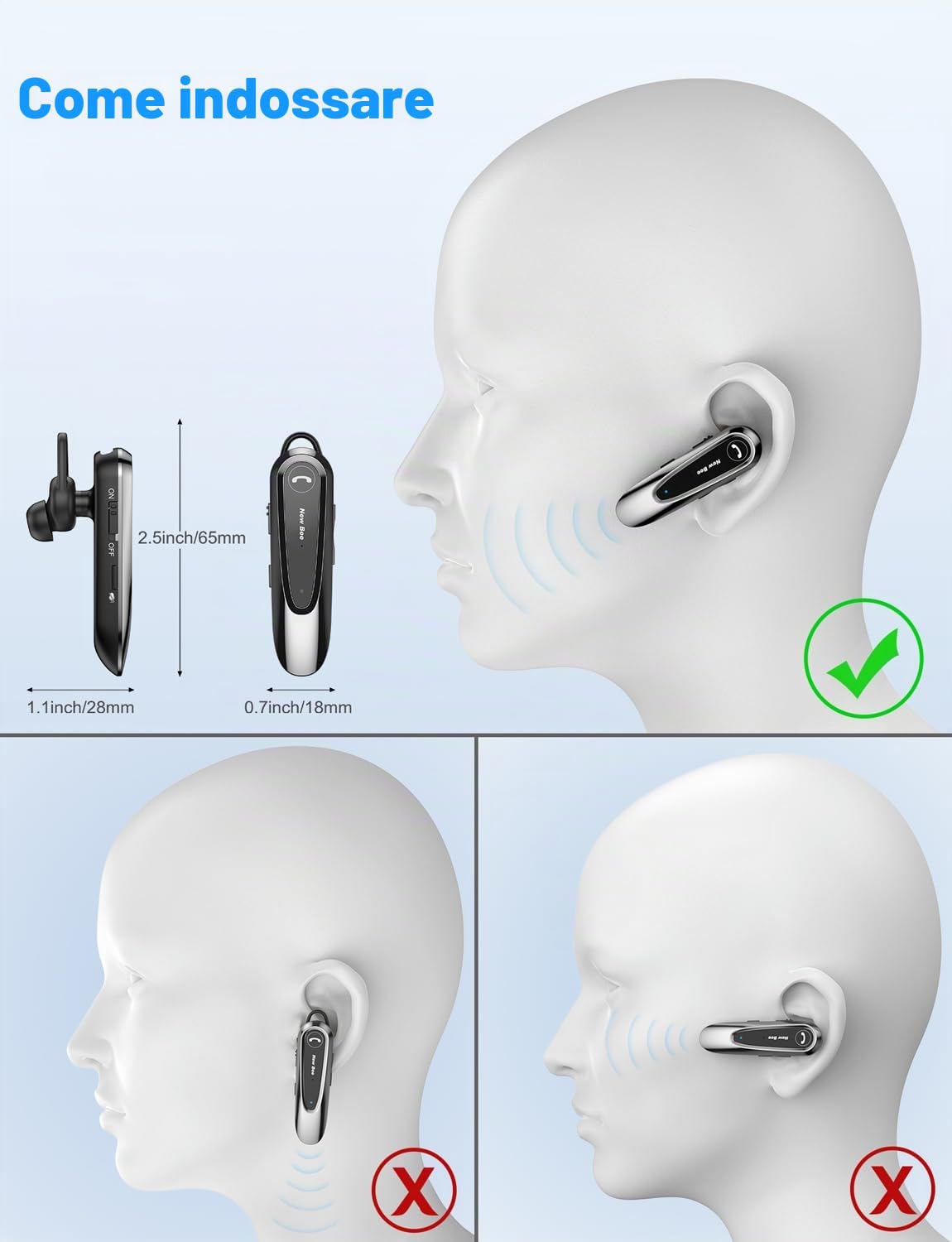 New Bee Auricolare Bluetooth Singolo con Doppio Microfono V5.0 Auricolari Bluetooth con 20 Ore Di conversazione, Microfono Muto, Connessione a due Dispositivi per iPhone, Android e Laptop