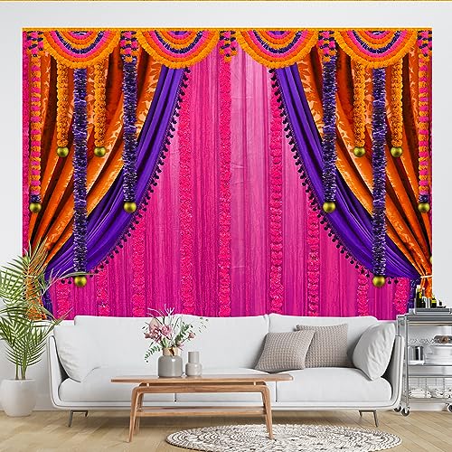 Image of Lofaris Purple India Pooja Photography Backdrop Puja Ganpati Pooja Traditional Mehndi Festival Background Decorations Wedding Party Marigold Garlands Banner Photo Props 7x5ft