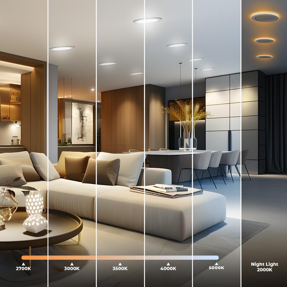 4" 9W Recessed LED Slim Pot Light with 2W Night Light, 2700K/3000K/3500K/4000K/5000K 5CCT Adjustable, 800LM CRI > 85, ETL Energy Star Listed, IC Rated, with Junction Box (White, 4 Pack)