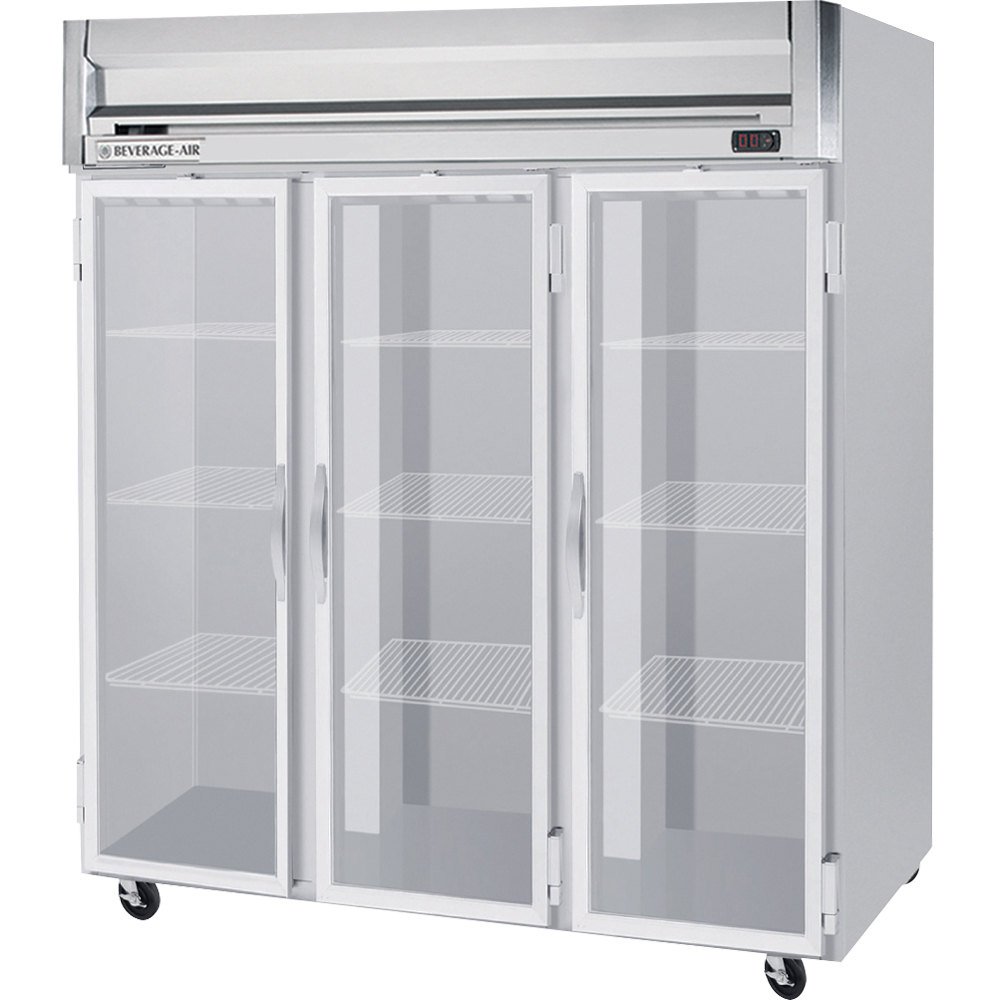 Beverage-Air HR3-1G 78" Horizon Series Three Section Glass Door Reach-In Refrigerator 74 cu.ft. capacity Stainless Steel Front Gray Painted Sides Aluminum