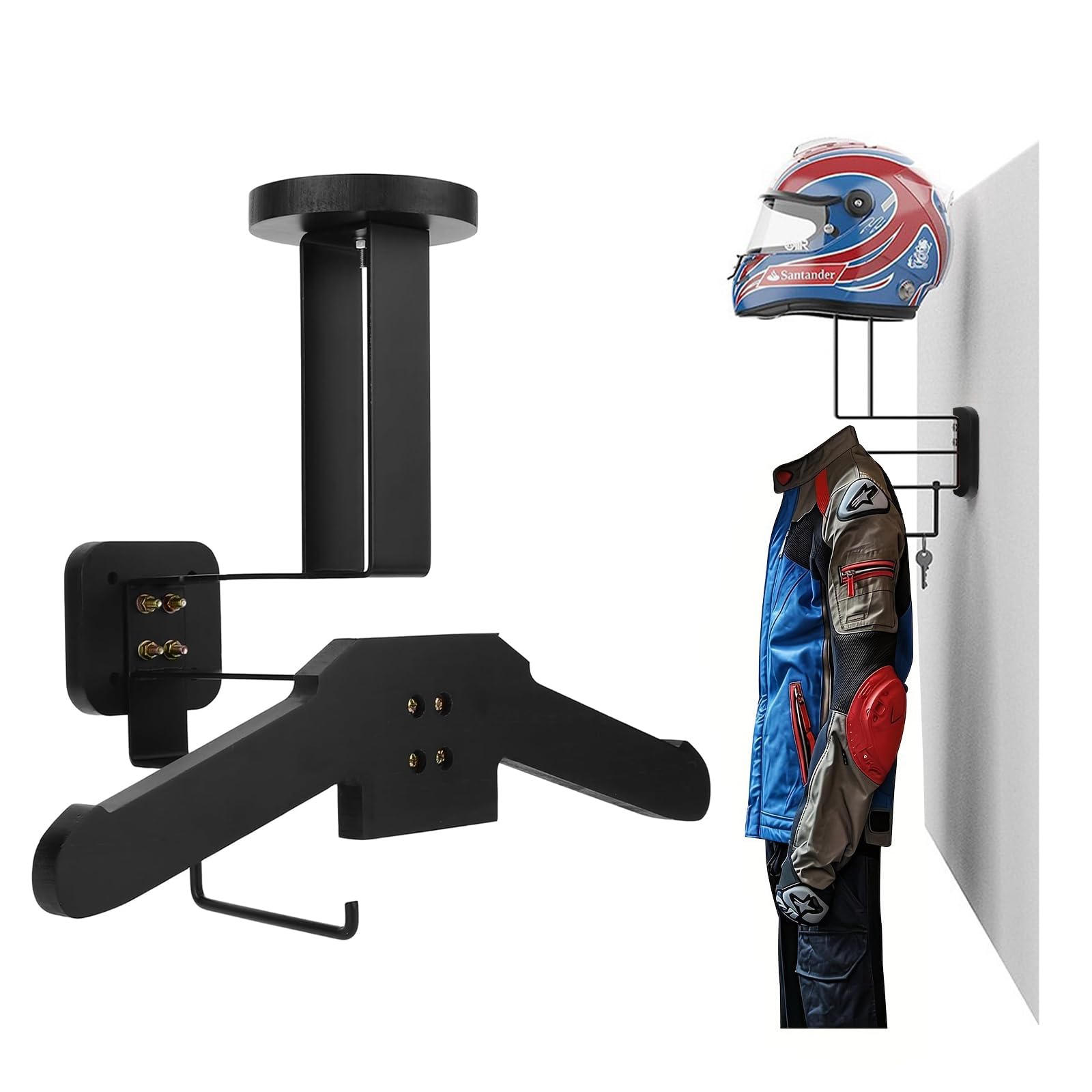 PERFECT LASER Helmet Stand & Helmet Holder Wall Mount, Multifunctional Motorcycle Helmet Rack with Jacket Hanger & Key Hook, Space-Saving Storage Solution for Garage & Hallway