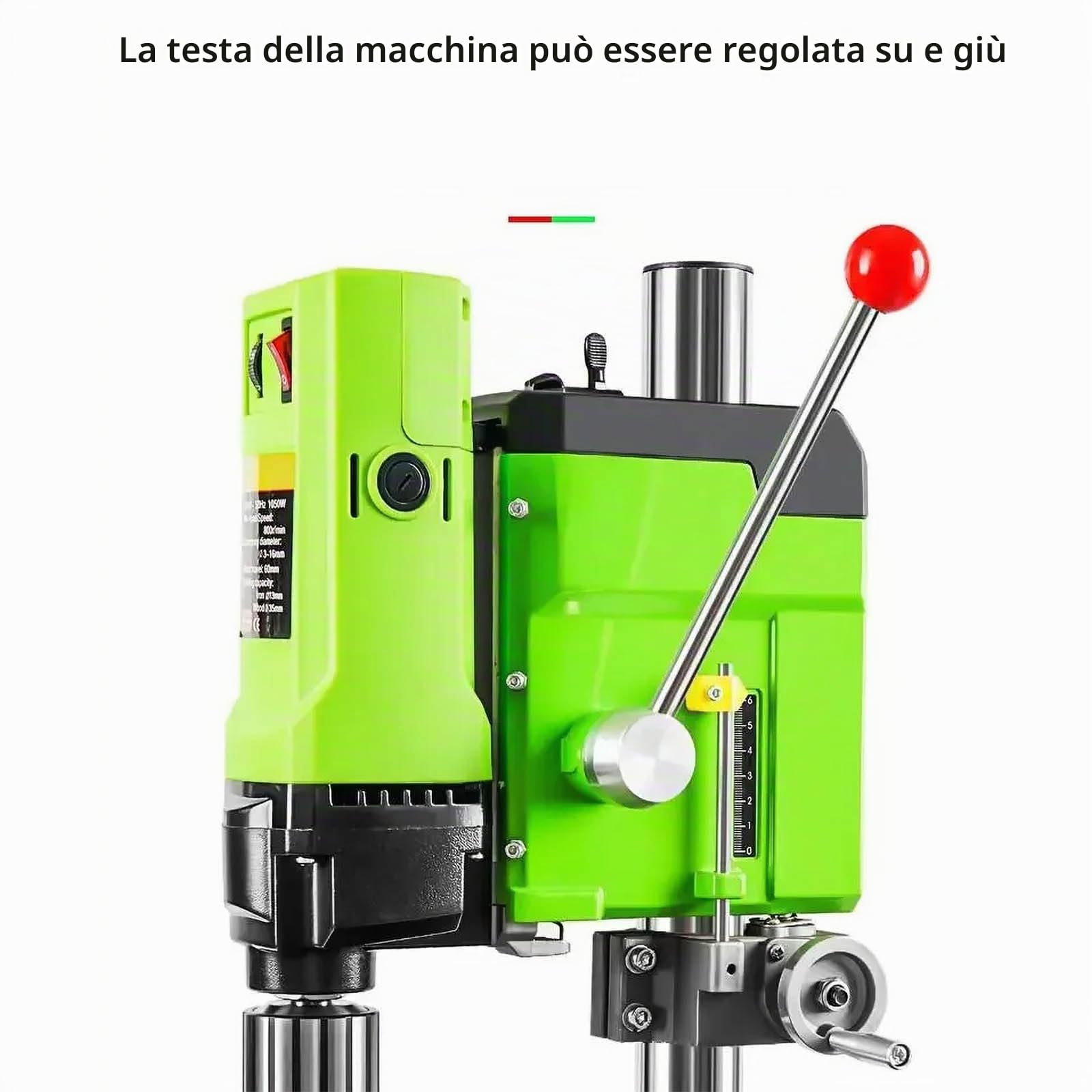 Fresatrice per Trapano da banco, Foratura da banco elettrica 1050 W, Diametro Massimo di Foratura: 16 mm, velocità del mandrino: 0-800 Giri/min, Corsa del mandrino: 60 mm,Green