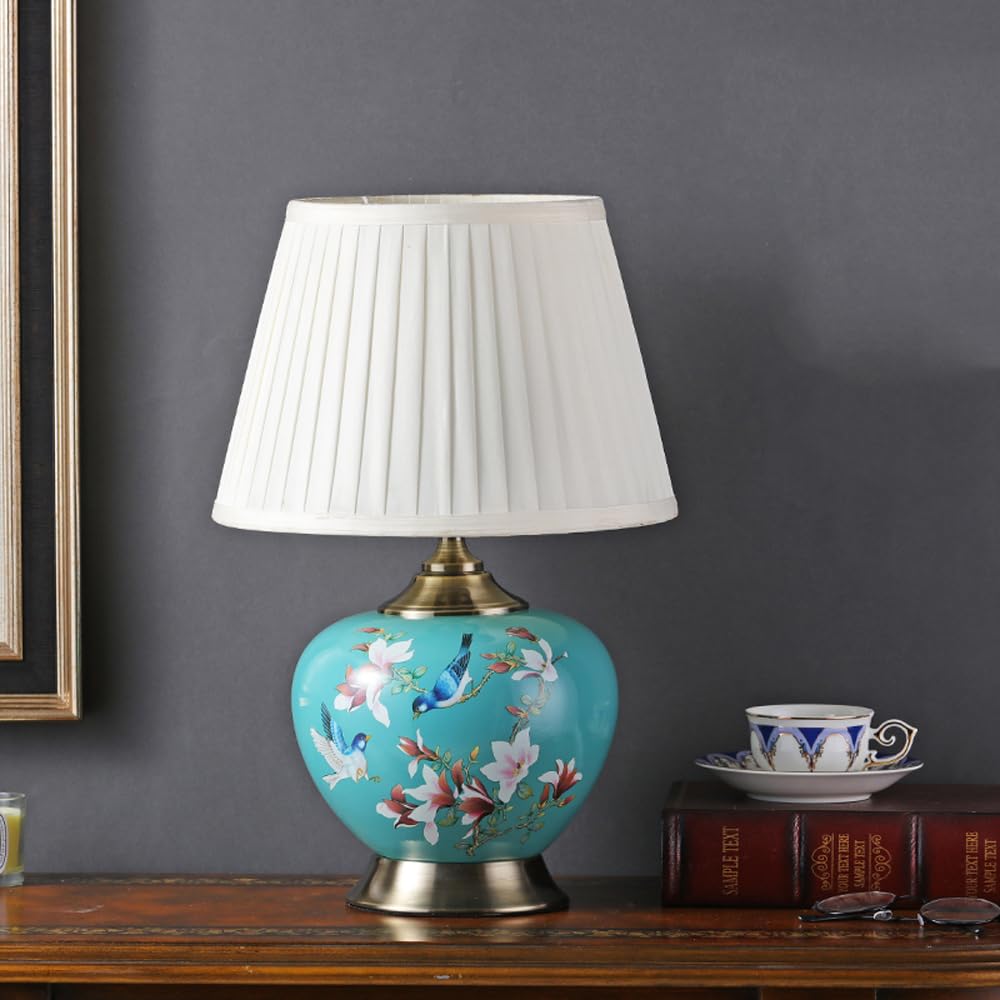 SANBDDLYY Charming Blue Ceramic Table Lamp Floral Design - Retro Mid Century Nightstand for Bedroom, Living Room, and Office(Green,Fabric Shade)