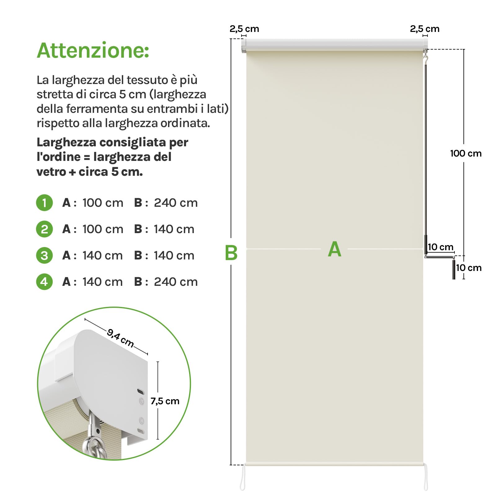 WOLTU Tenda da Sole Verticale a Rullo per Esterno 140x240 cm Beige