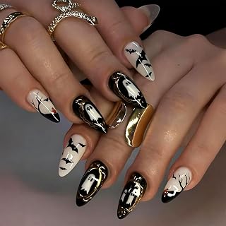Halloween Press on Nails Medium Almond Fake Nails with Designs Bat Magic Mirror Ghost Dead Tree Pumpkin Glue on Nail 24 Pcs Natural Reusable Acrylic Nail for Women WYFHDT