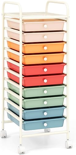 Carrito rodante con 10 cajones de almacenamiento, carrito utilitario con cajones de plástico extraíbles, ruedas con cerradura, carrito de arte para