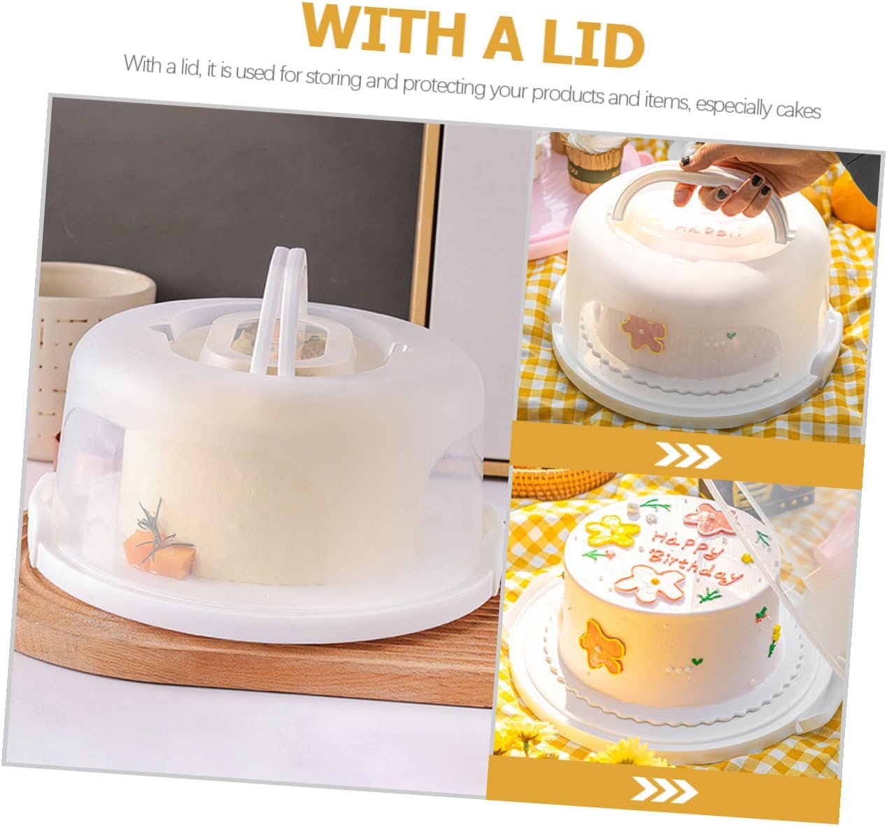 Reusable 8-inch White Cake Box with Handle, Portable Cake Carrier for Birthday and Travel, Elevated Food Storage Container with Lid for Bakery and Party Use