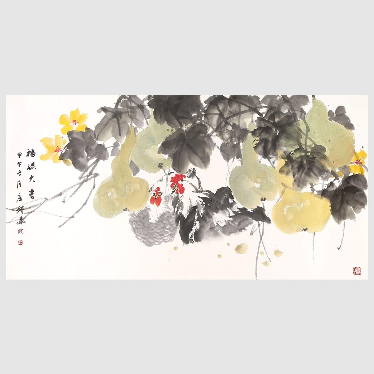TooartsTraditional Chinese Painting Gourd Vines Hen under the Gourd Shade Wall Art Painting Pictures Print Primitive Artwork for Home Decoration