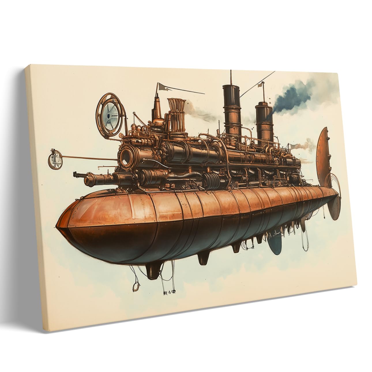 Steampunk Submarine Wall Art – Vintage Industrial Airship Canvas Print, Retro Mechanical Ship Poster for Office or Living Room Steampunk Decor 60x90cm Frame