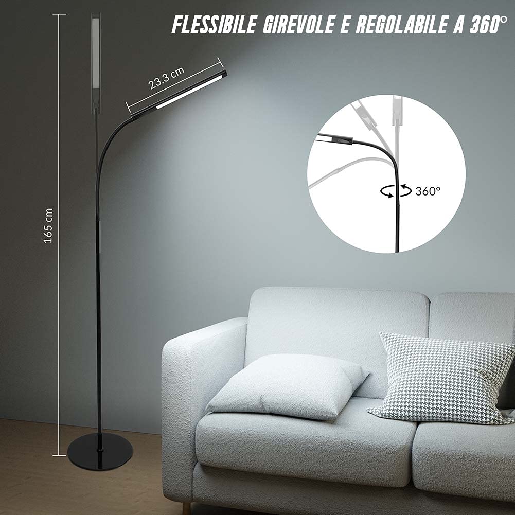 BAKAJI Lampada Piantana da terra a LED ad Alta Luminosità 7W 400 Lumen Luce Bianco 5500K Dimmerabile Luminosità 4 Livelli Accensione Gestione Touch Design Moderno 165cm in Metallo (Nero)