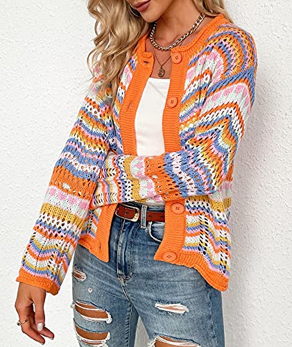 Image of xxxiticat Women's Rainbow Knitted Cardigan Sweater Long Sleeve Multicolor Striped Sweater Jumpers Open Front Jacket