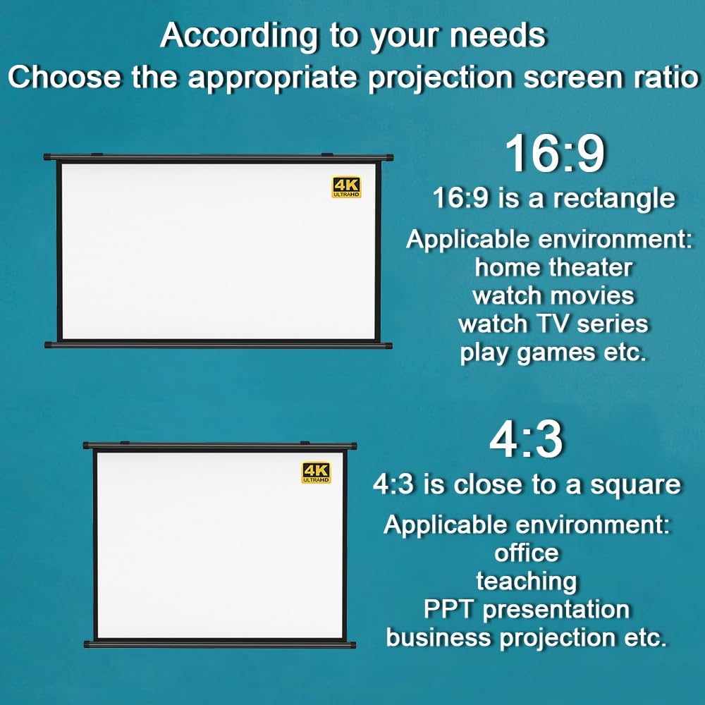 Écran De Projection Manuel 40 50 60 Pouces, Écran De Projecteur Home Cinéma HD 4K, Écran Videoprojecteur Mural, Anti-Plis, Facile À Enrouler(50 inch 16:9)