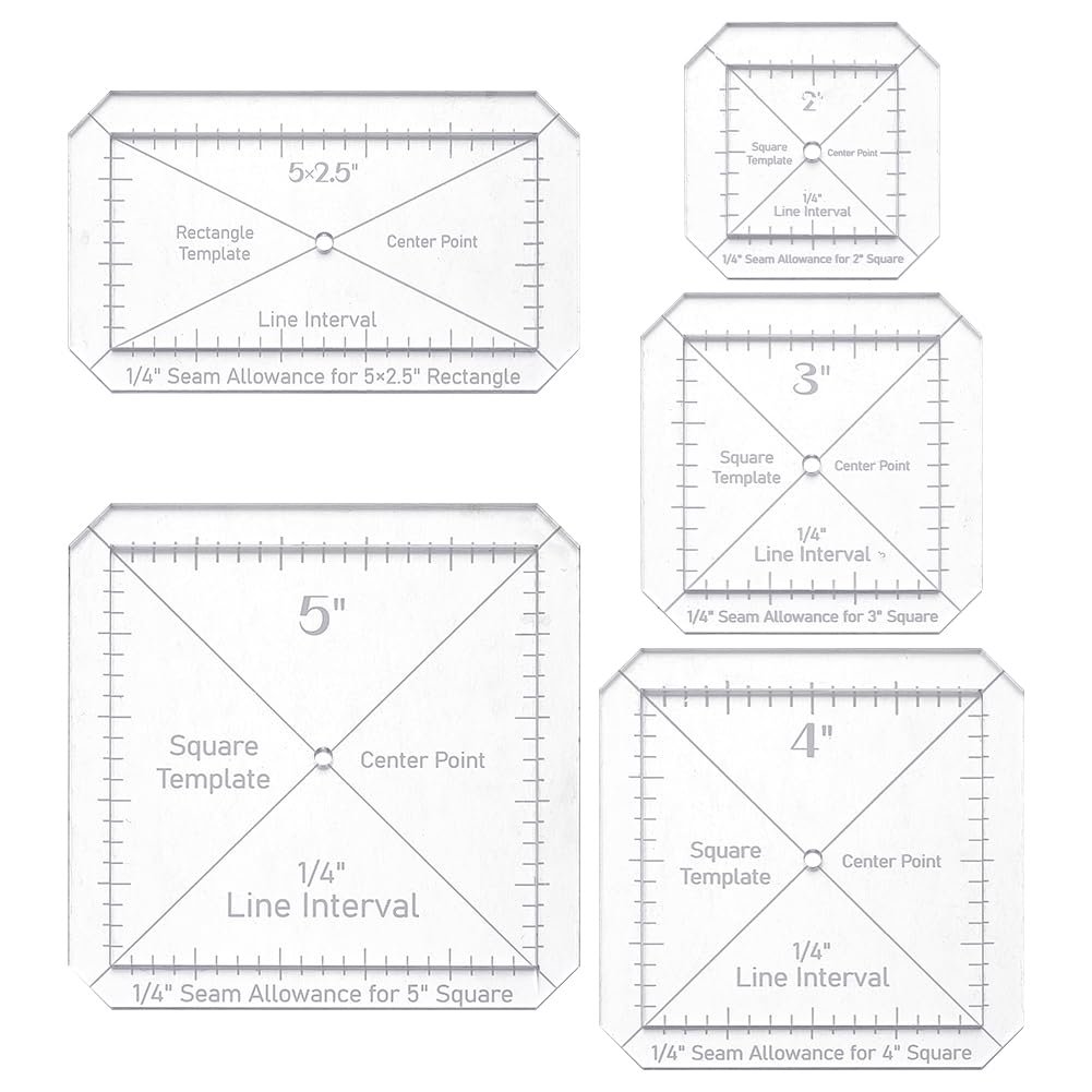 INFUNLY 10 Pcs Square Acrylic Quilting Ruler for Patchwork 2~6" Transparent DIY Quilt Block Guide Set with 1/4" Line Interval Rectangle Quilting Template Removable for Drawing Cutting Sewing