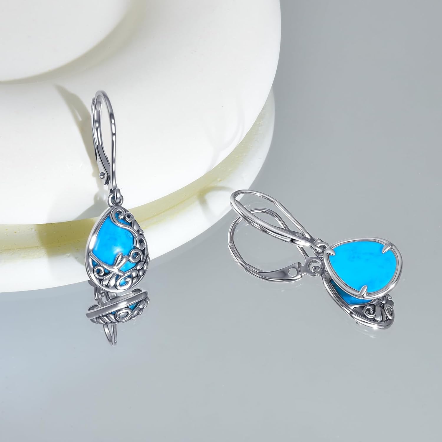 Real 925 Sterling Silver Trendy Dangle Earrings for Women | White Gold Plated | Hypoallergenic Turquoise/Black Onyx/Opal Filigree Jewelry Lightweight Celtic Lover Knot Leverback Earrings Gifts - Image 4