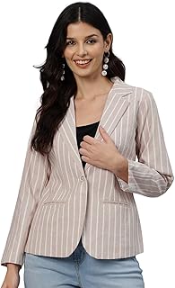 cottinfab Women Beige & White Striped Long Sleeves Single-Breasted Pure Cotton Casual Blazer-picture-21