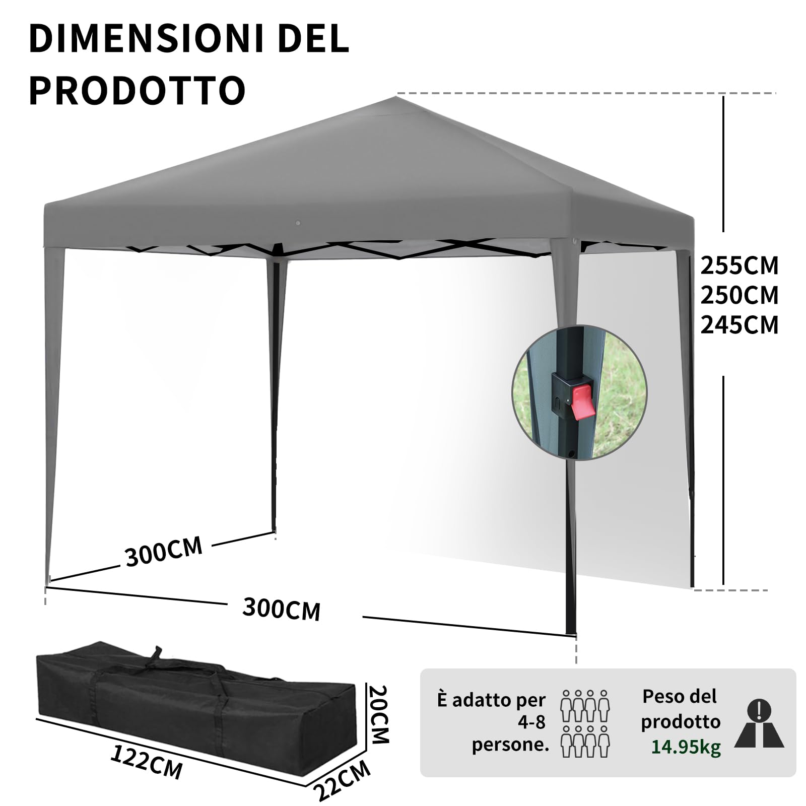 ISE 3x3m Gazebo Pieghevole con Pareti Laterali da Esterno, Gazebo da Giardino Pop Up Gazebo Tenda con Pannelli Laterali Altezza Regolabile (Grigio)