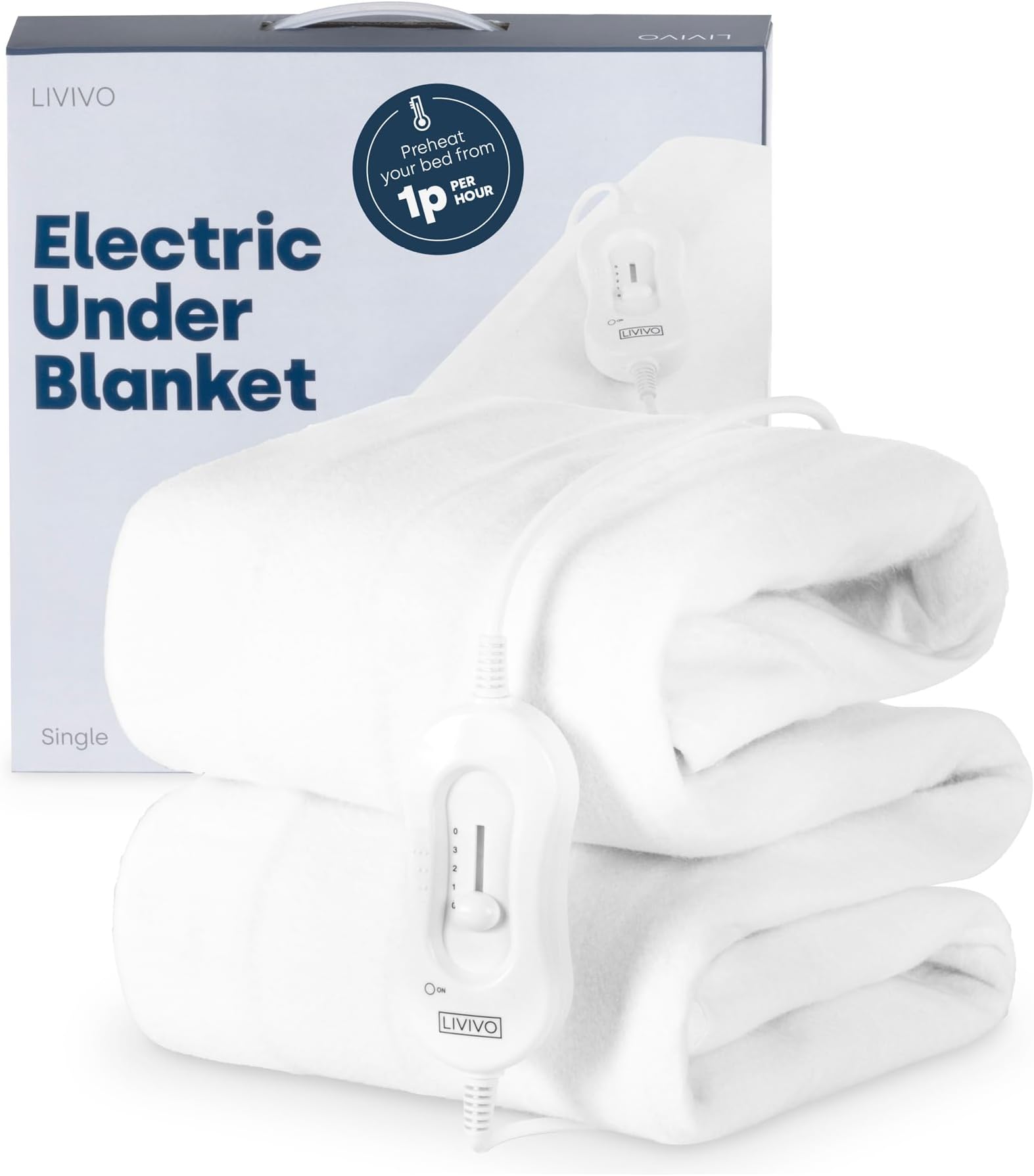 LIVIVO Electric Blanket Single Size - Heated Blanket with 3 Heat Levels, Quick Heat-Up, Detachable Control, Overheat Safety System - Electric Underblanket, Heated Mattress Topper, White, 135x65cm